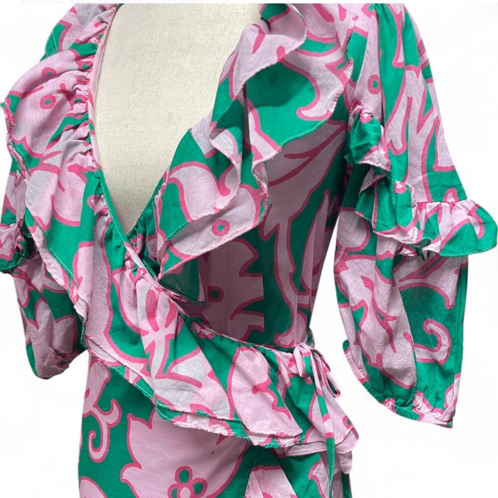 Rhode‎ Womens Lydia Take It Easy Pink Green Floral Print Midi Wrap Dress Size XS - Picture 6 of 11
